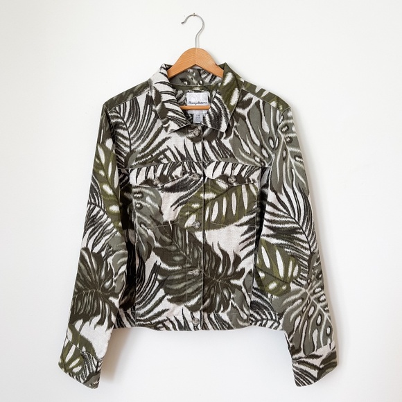 Tommy Bahama Safari Bliss Jacket Green Linen Monstera Palm Leaf Print Size Large - Picture 1 of 12
